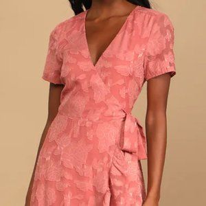 Lulus Blissfully Rusty Rose Jacquard Short Sleeve Wrap Midi Dress Size M